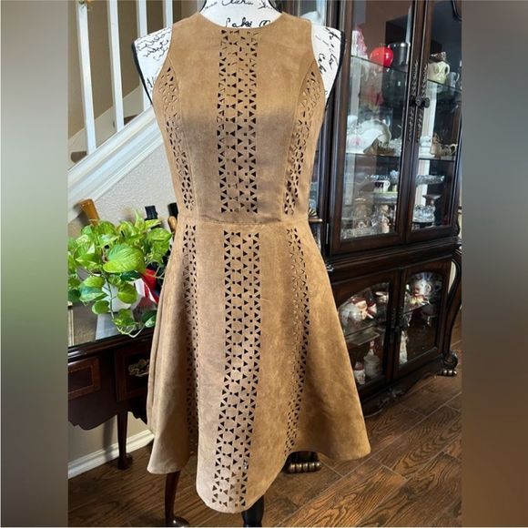 Mossimo Women's Cutout Faux Suede Fit & Flare Mini Dress Laser Cut Brown XS NWT - Picture 9 of 9